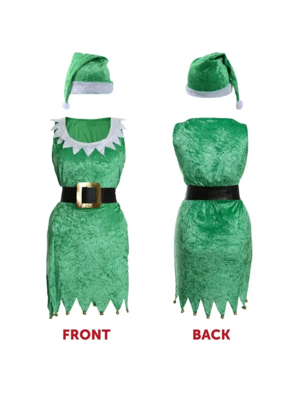 Ladies Elf Dress Fancy Dress Costume - Green Velour Dress + Green Velour Santa Hat - Santas Grotto Santas Little Helper - Image 5