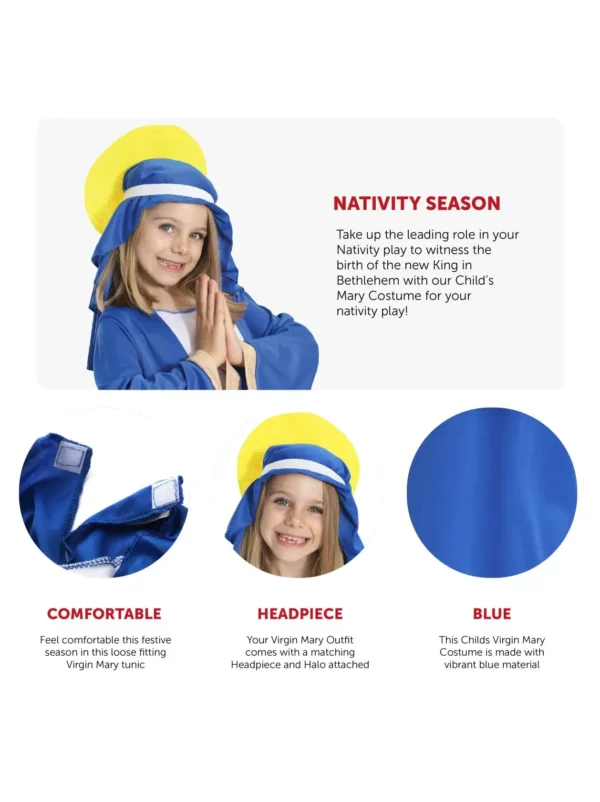 Childs Christmas Virgin Mary Costume - Mary & Joseph Nativity Fancy Dress Costume with Tunic, Headpiece With Halo - Nativity, Sc - Image 2