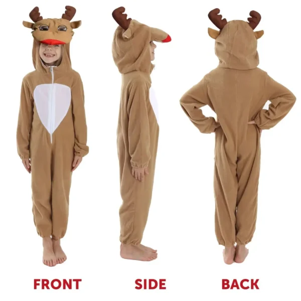 Childs Reindeer Christmas Costume - All-in-One Jumpsuit with Rudolph Hood Xmas Costume - Santa's Helper Rudolf the Red Nosed Rei - Image 5