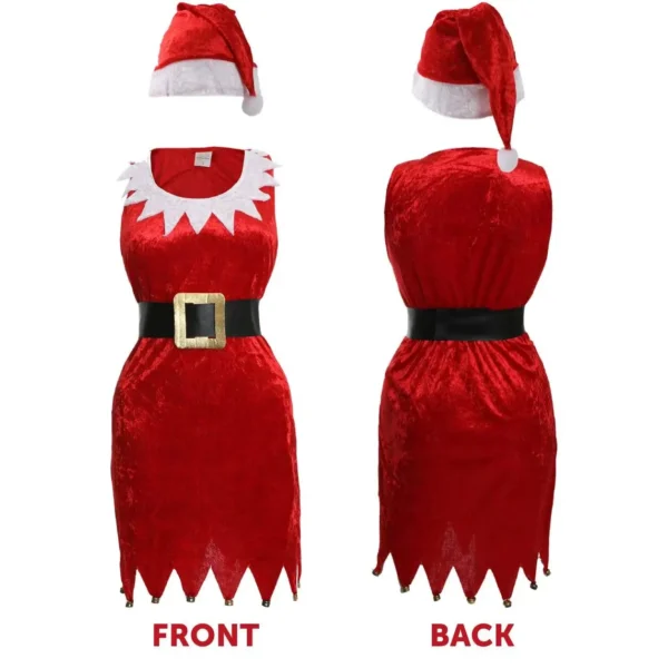 LADIES SANTA DRESS FANCY DRESS COSTUME - RED VELOUR DRESS WITH WHITE DETAILING + RED VELOUR SANTA HAT - MRS CLAUS - Image 5