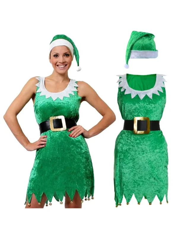 Ladies Elf Dress Fancy Dress Costume - Green Velour Dress + Green Velour Santa Hat - Santas Grotto Santas Little Helper - Image 4