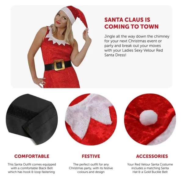 LADIES SANTA DRESS FANCY DRESS COSTUME - RED VELOUR DRESS WITH WHITE DETAILING + RED VELOUR SANTA HAT - MRS CLAUS - Image 2