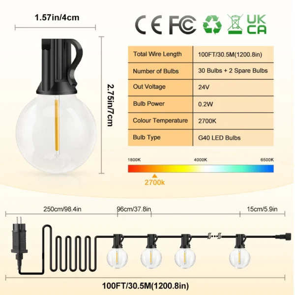 30M Outdoor LED String Lights Bulbs Balcony Garland Fairy Lamps With Remote Control for Wedding Camping Garden Christmas Party - Image 6