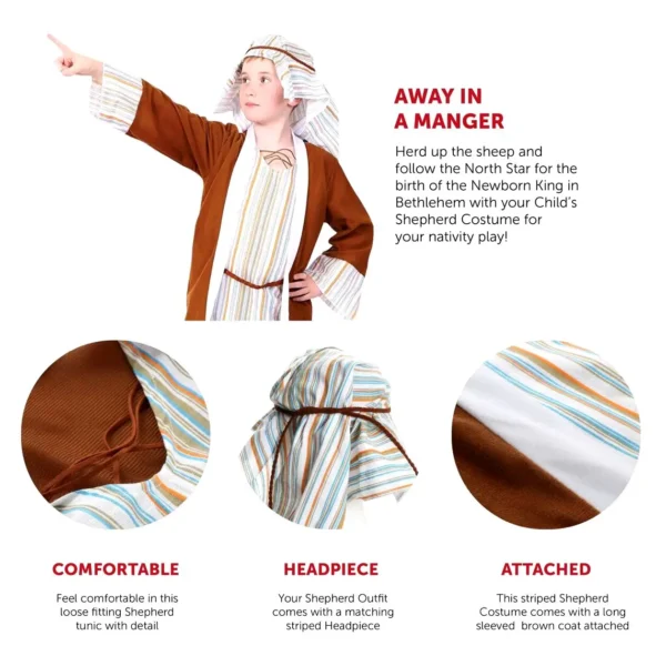 Childs Christmas Shepherd Costume - Nativity Fancy Dress Costume - Incl. Tunic - Image 2