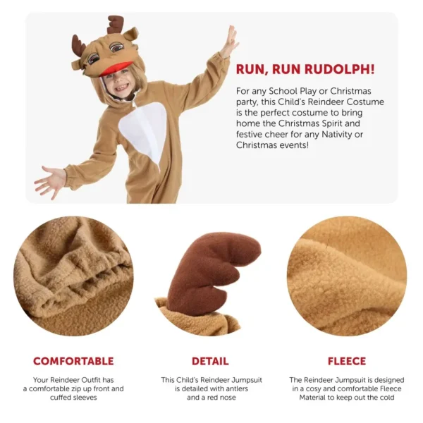 Childs Reindeer Christmas Costume - All-in-One Jumpsuit with Rudolph Hood Xmas Costume - Santa's Helper Rudolf the Red Nosed Rei - Image 2