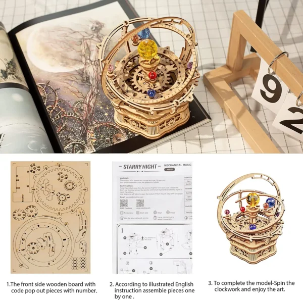 84pcs Rotatable DIY 3D Starry Night Wooden Model Building Kit Block Assembly Music Box Toy Gift for Children Adult - Image 5