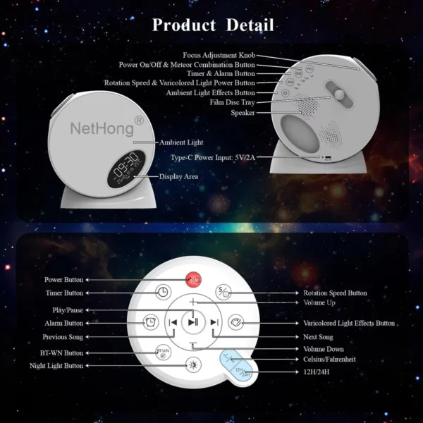12 in 1 Planetarium Projector Bluetooth Night Light Rechargeable LED Clock - Image 5