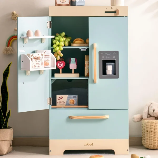 Play Kitchen Fridge Refrigerator with Ice Dispenser Wooden Kids Play Kitchen Playset Toy for Ages 3+Blue - Image 4