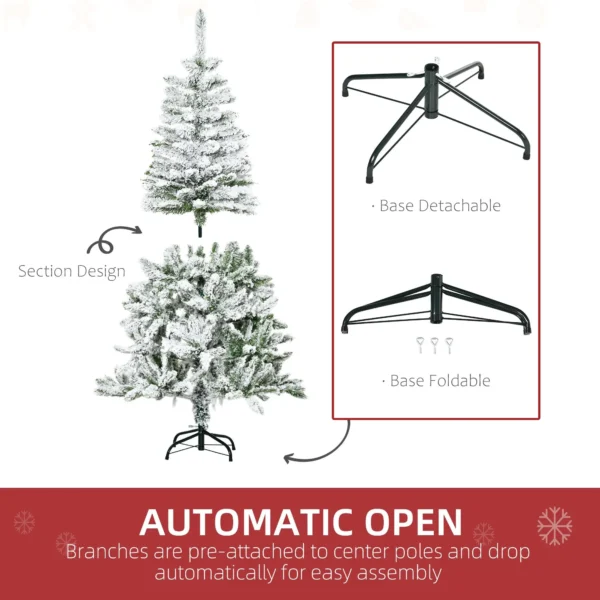 5FT Snow Flocked Artificial Christmas Pine Tree with Realistic Branches Auto Open Steel Base Green Holiday Decoration - Image 5