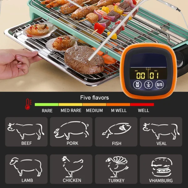 Digital Meat Kitchen Thermometer Timer Mode Waterproof Steak BBQ Timer Cooking Tools Kitchen Meat Probe Thermometer for Grilling - Image 3