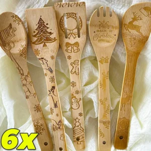 1/6x Wooden Soup Spoons Long Handle Christmas Elk Santa Claus Print Spoons Forks DIY Christmas New Year Party Creative Tableware