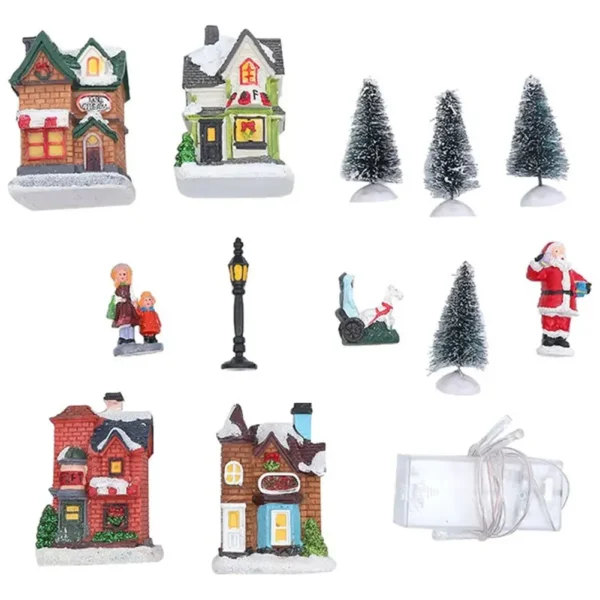12 Pcs Mini Resin Christmas Village Houses Figurines Lighted LED Christmas Town Set DIY Christmas Doll Figurines Landscape Decor