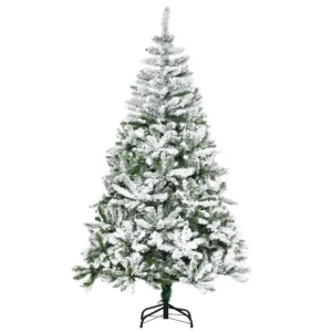 6FT Snow Flocked Christmas Tree with Realistic Branches Auto Open Feature Steel Base Green Pine Tree