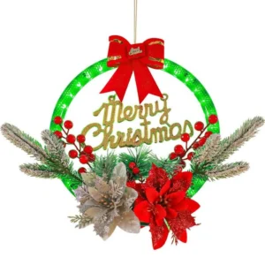 12" Christmas Wreath LED Lights Pre-Lit Artificial Wreaths Berry Branches 6 Modes Timer Xmas Decorations