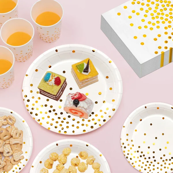 White And Gold Party Supplies 121pcs Golden Dot Disposable Party Dinnerware Set - White and Gold Party Paper Plates Cups Napkins - Image 3