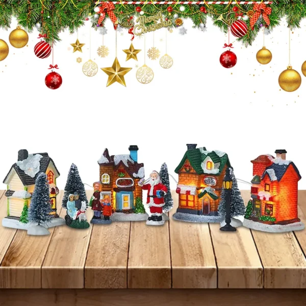 12 Pcs Mini Resin Christmas Village Houses Figurines Lighted LED Christmas Town Set DIY Christmas Doll Figurines Landscape Decor - Image 3