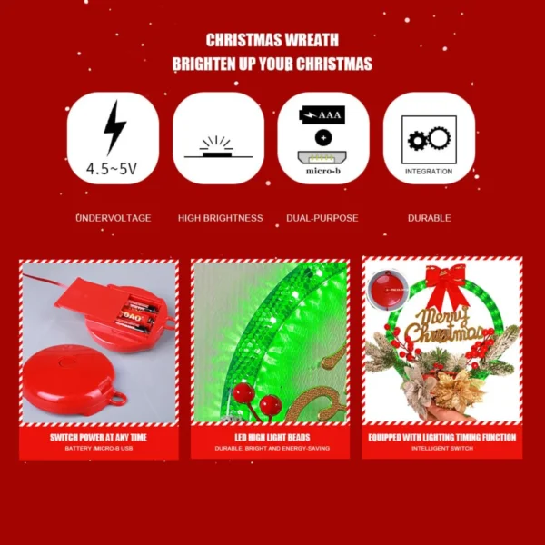 12" Christmas Wreath LED Lights Pre-Lit Artificial Wreaths Berry Branches 6 Modes Timer Xmas Decorations - Image 4