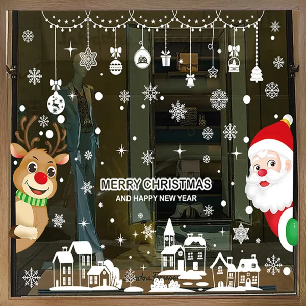 Christmas Window Stickers Set Santa Elk Snowflake Glass Cling Sticker Xmas Decor - Image 3