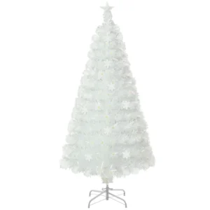150 cm Artificial Fiber Optic Christmas Tree, White Pre-lit Xmas Tree with 170 Branch Tips, Iridescent Leaves