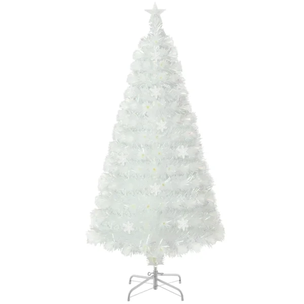 150 cm Artificial Fiber Optic Christmas Tree, White Pre-lit Xmas Tree with 170 Branch Tips, Iridescent Leaves