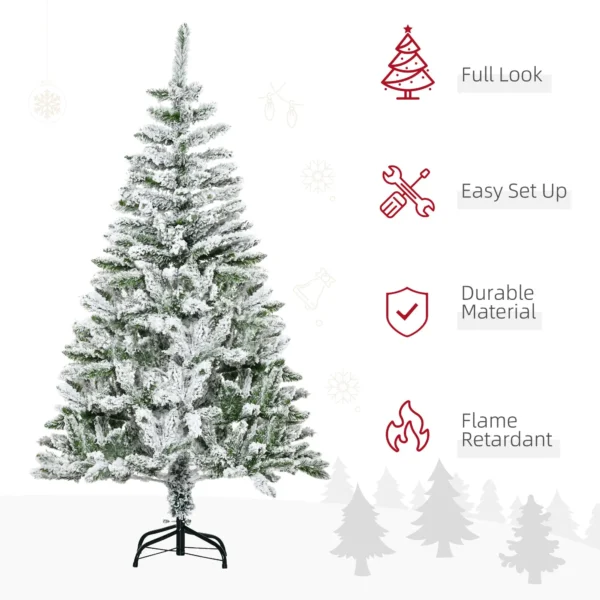 5FT Snow Flocked Artificial Christmas Pine Tree with Realistic Branches Auto Open Steel Base Green Holiday Decoration - Image 6