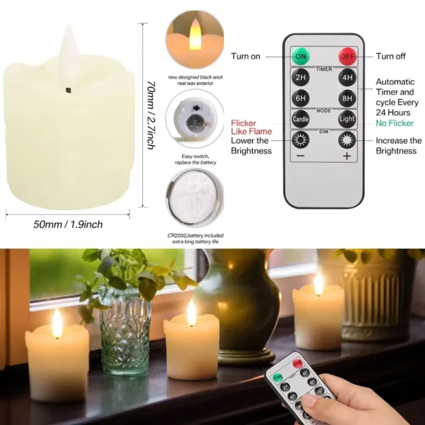 6Pc Real Wax LED Tea Light Candles with Timer 300+Hour Realistic Black Wick Battery Operated Candles for Wedding Christmas Decor - Image 3