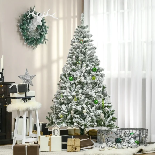 6FT Snow Flocked Christmas Tree with Realistic Branches Auto Open Feature Steel Base Green Pine Tree - Image 2
