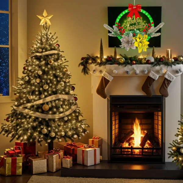 12" Christmas Wreath LED Lights Pre-Lit Artificial Wreaths Berry Branches 6 Modes Timer Xmas Decorations - Image 5