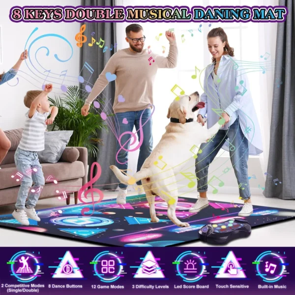 Double Dance Mat for Kids 8-Keys Large Size Electric Dance Pad Music 2 Modes 12 Games 3 Levels Christmas Gift for Girls - Image 2
