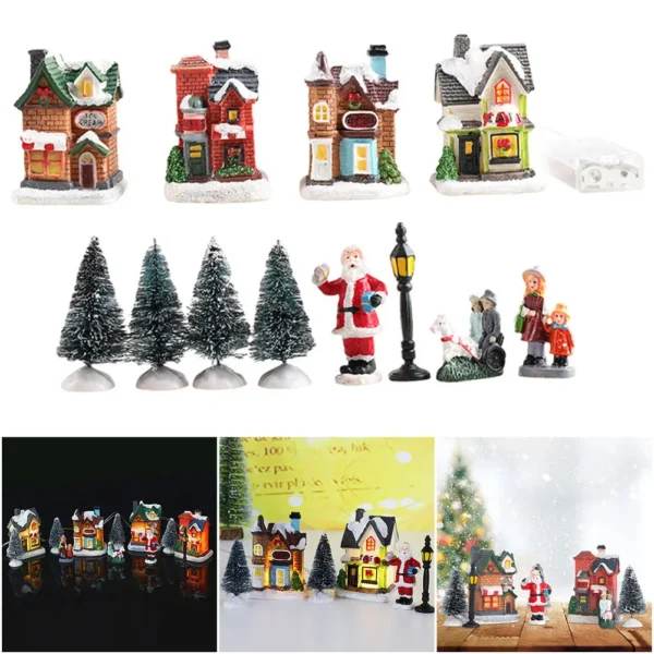 12 Pcs Mini Resin Christmas Village Houses Figurines Lighted LED Christmas Town Set DIY Christmas Doll Figurines Landscape Decor - Image 4