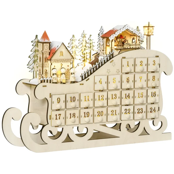 Christmas Advent Calendar Light Up Sleigh w/ Countdown Drawer, Village - Image 2