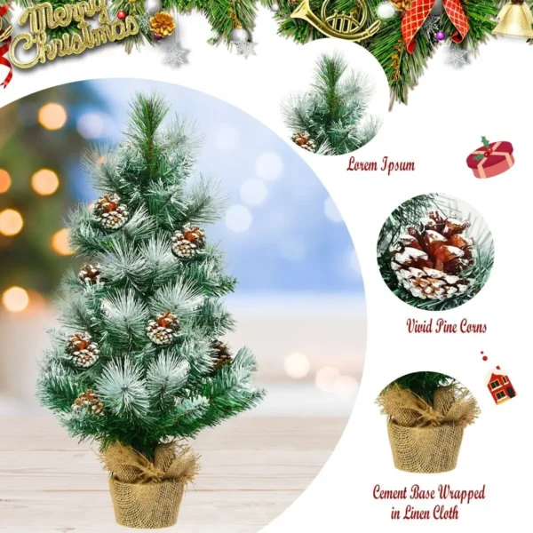 2 FT/ 60CM Snow Flocked Pine Artificial Christmas Tree Pine Cone Xmas Decoration - Image 4