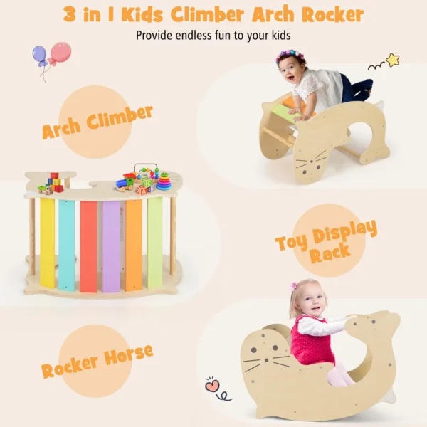 3-in-1 Kids Climbing Toy Set Indoor Arch Climber Toddlers Wooden Rocking Horse - Image 5