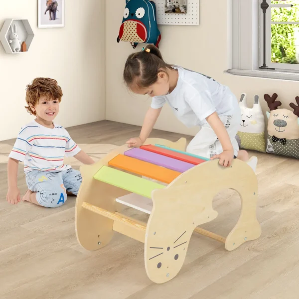 3-in-1 Kids Climbing Toy Set Indoor Arch Climber Toddlers Wooden Rocking Horse - Image 4