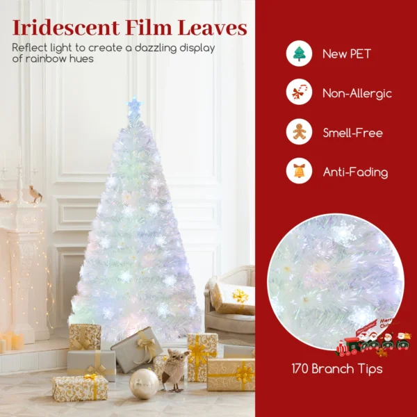 150 cm Artificial Fiber Optic Christmas Tree, White Pre-lit Xmas Tree with 170 Branch Tips, Iridescent Leaves - Image 3