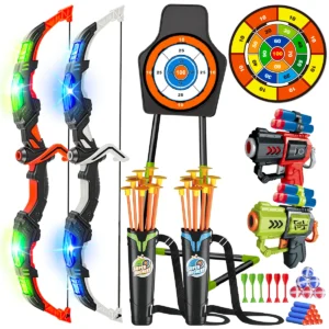 2X Bow Arrow + Guns Toy For Kids LED Light Up Archery with Suction Cup Stand Target Dart Board Indoor Outdoor Game Toys