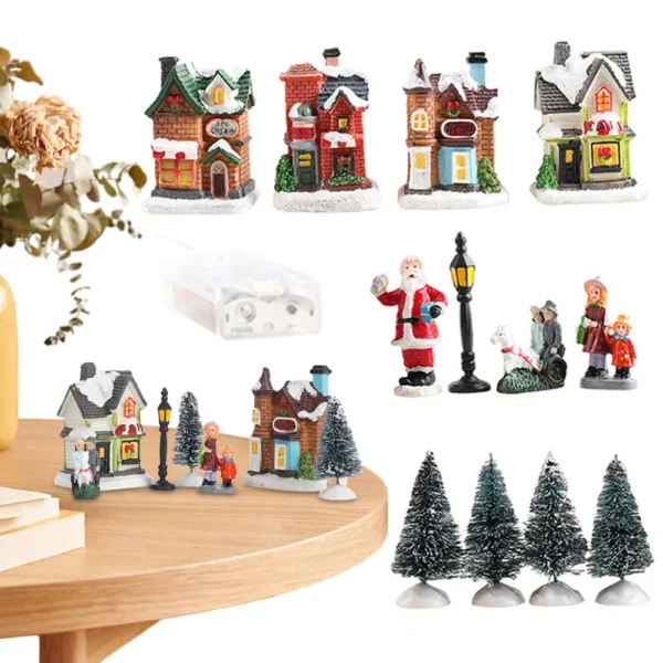 12 Pcs Mini Resin Christmas Village Houses Figurines Lighted LED Christmas Town Set DIY Christmas Doll Figurines Landscape Decor - Image 2