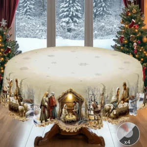 Christmas Tablecloth with Nativity Scene, Yule Home Party Decor for Indoor Outdoor, Xmas Round Rectangular Table Cloth