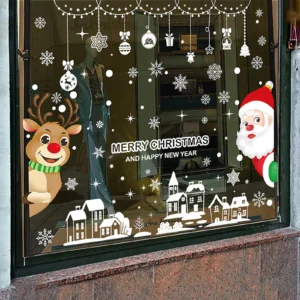 Christmas Window Stickers Set Santa Elk Snowflake Glass Cling Sticker Xmas Decor