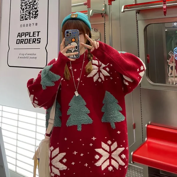 Christmas Tree Couple Street Sweater Woman Snowflake Sweatshirt Autumn Winter Unisex Man Casual Jersey Varsity Pullover Shirts - Image 2