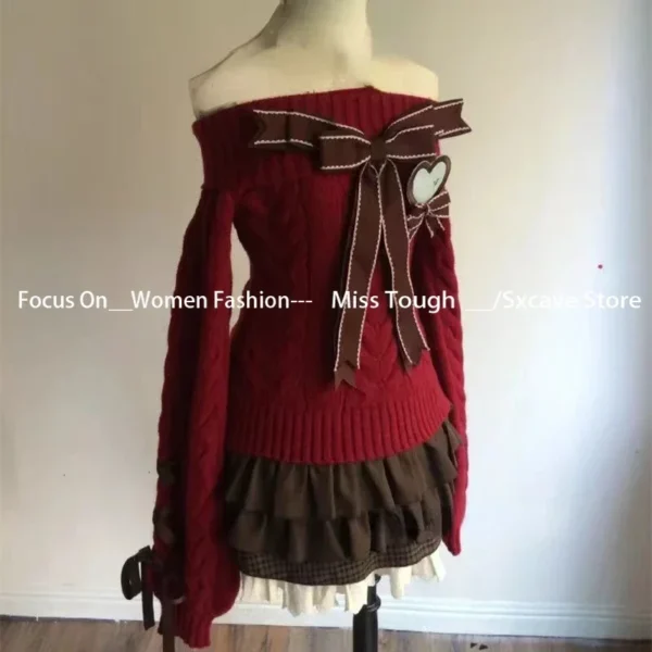 Chirstmas Knitted Sweater Women Winter Off Shoulder Red Pullover Y2k Vintage Clothing Slim Fit Jumpers Casual Long Sleeve Korean - Image 2