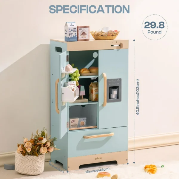 Play Kitchen Fridge Refrigerator with Ice Dispenser Wooden Kids Play Kitchen Playset Toy for Ages 3+Blue - Image 5