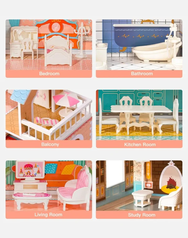 Wooden Dollhouse 3 Story with Balcony 28 Accessories Toy Gift for 3+Years Kid Girls - Image 2