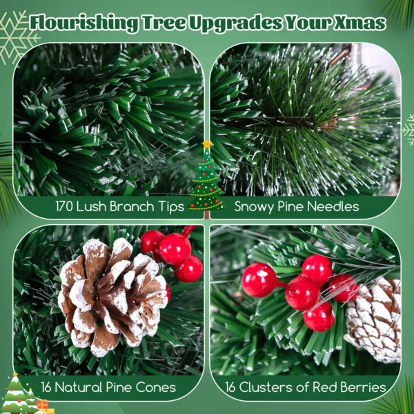 150 cm Pre-lit Optical Fiber Christmas Tree, Snowy Xmas Tree w/170 PVC Leaves & Pine Needles - Image 3