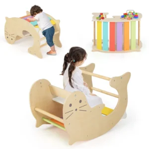 3-in-1 Kids Climbing Toy Set Indoor Arch Climber Toddlers Wooden Rocking Horse