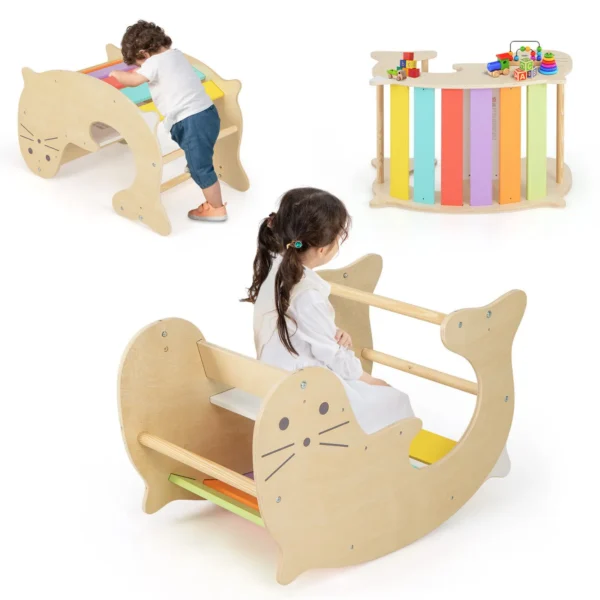 3-in-1 Kids Climbing Toy Set Indoor Arch Climber Toddlers Wooden Rocking Horse