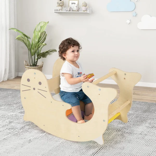 3-in-1 Kids Climbing Toy Set Indoor Arch Climber Toddlers Wooden Rocking Horse - Image 3