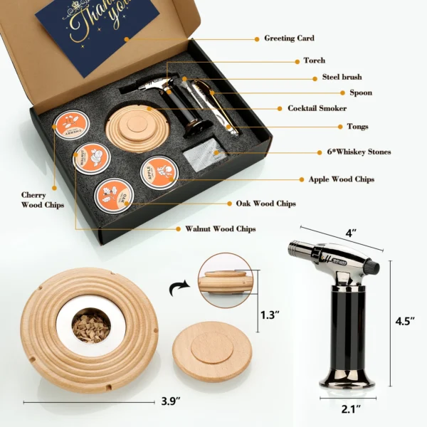 Cocktail Smoker Kit With Torch 4 Wood Chips Whiskey Stones Spoon Ice Tong Smoker Accessories Without Butane For Bartender - Image 5