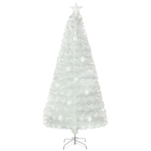 180 cm Artificial Fiber Optic Christmas Tree, White Pre-lit Xmas Tree with 230 Branch Tips, Iridescent Leaves