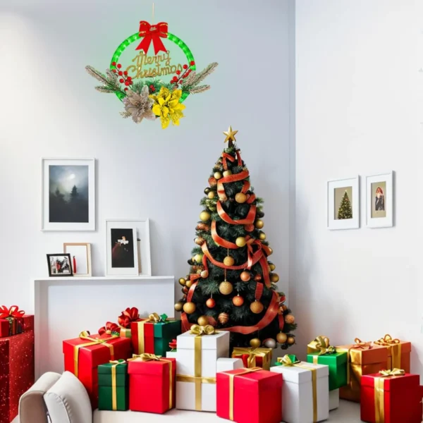 12" Christmas Wreath LED Lights Pre-Lit Artificial Wreaths Berry Branches 6 Modes Timer Xmas Decorations - Image 3